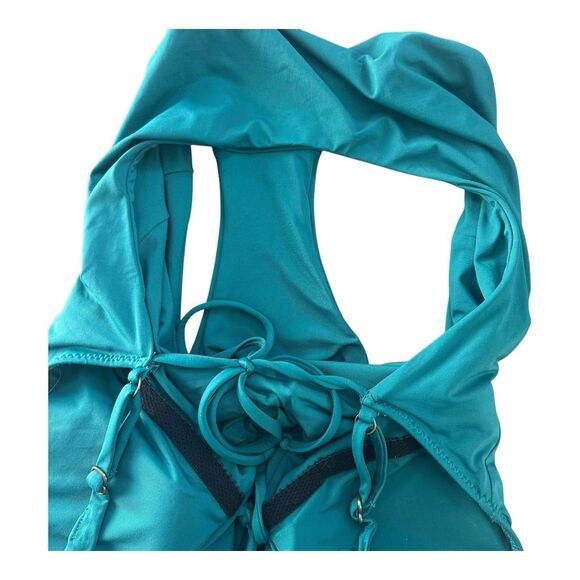 Becca Teal One Piece Swimsuit M Deep V Ruffle Front & Open Back Adjustable Tie - Picture 5 of 7